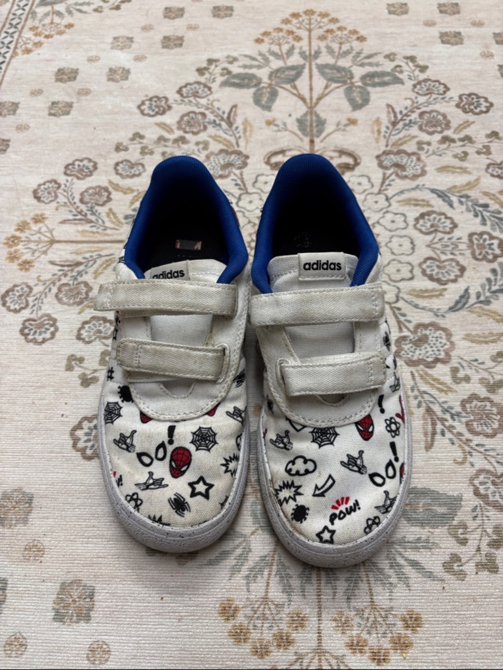 adidas Kids White Sneakers with Blue Lining and Black & Red Graphics